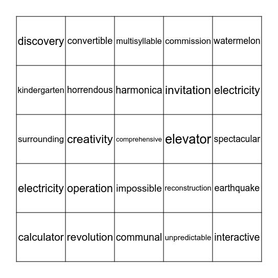 Multisyllable Words Bingo Card