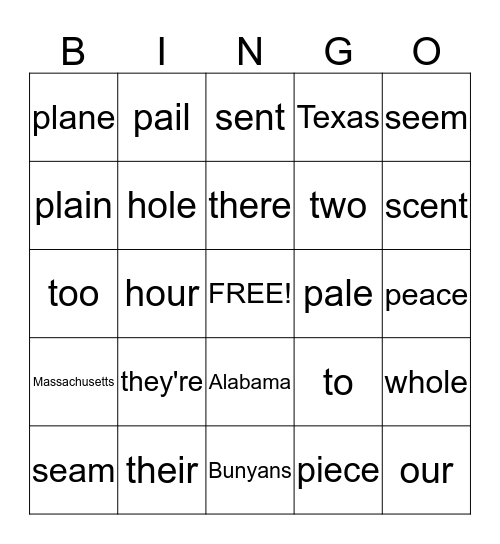 Spelling Bingo Card