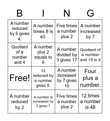 Expressions and Equations Bingo Card