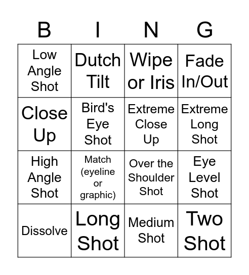 Shots and Transitions Bingo Card