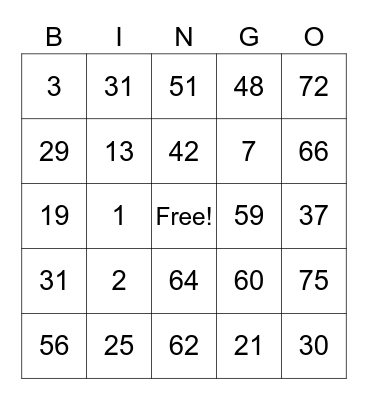 60012078 Bingo Card