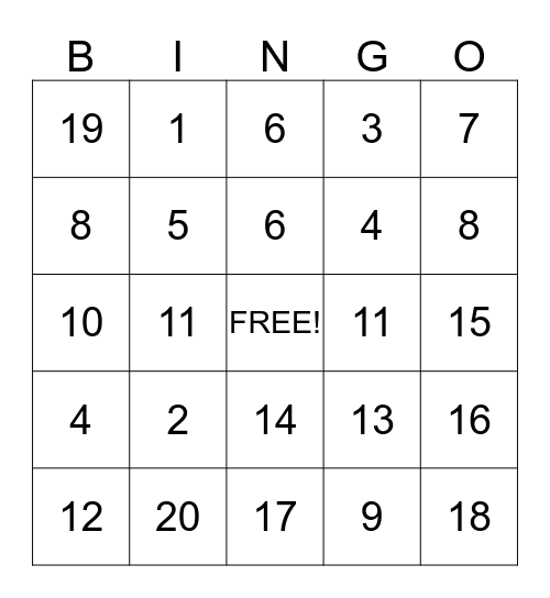 number bingo Card