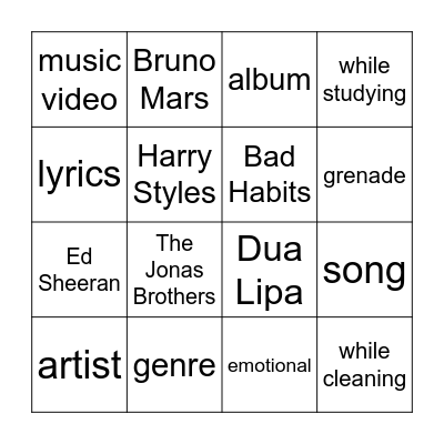 Pop Class Bingo Card