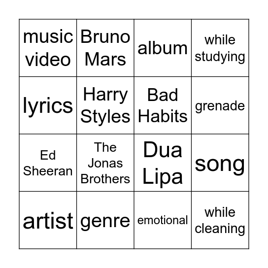 Pop Class Bingo Card