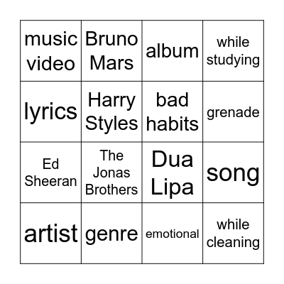 Pop Class Bingo Card