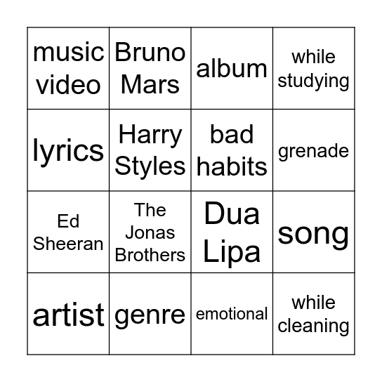 Pop Class Bingo Card