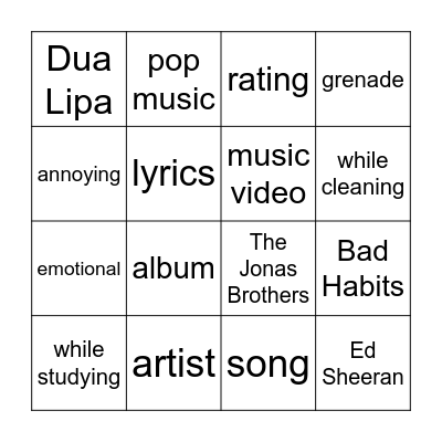 Pop Class Bingo Card