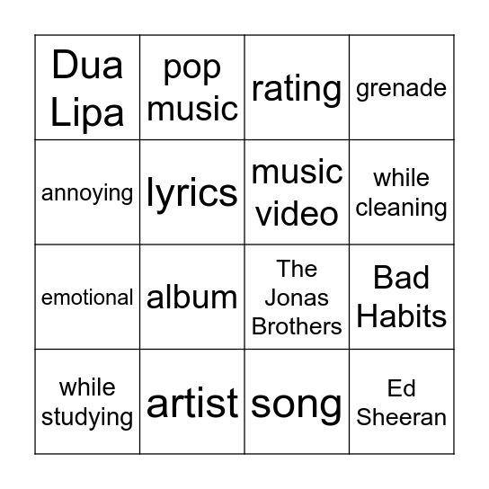 Pop Class Bingo Card