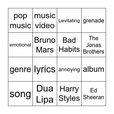 Pop Class Bingo Card