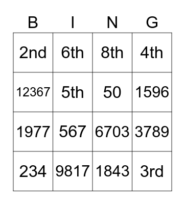 Miss N's Numbers Bingo Card