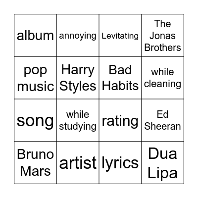 Pop Class Bingo Card