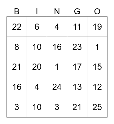 ADDITION Class 6 Bingo Card