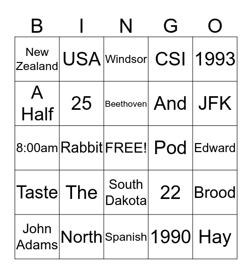 Trivia Bingo Card