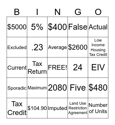 Income Calculation Bingo Card