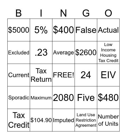 Income Calculation Bingo Card