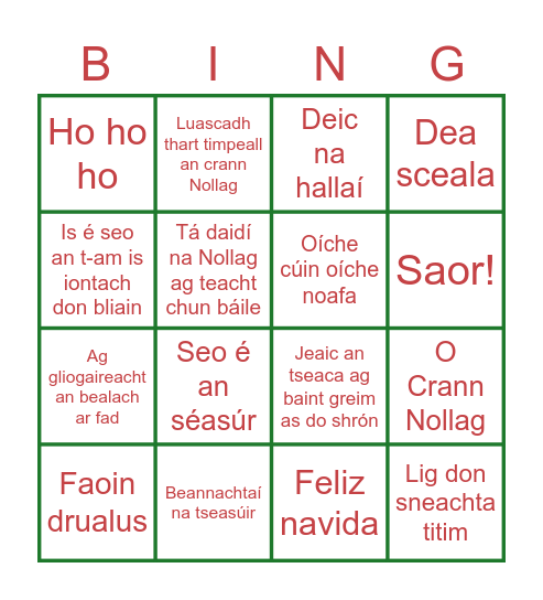 Nollag Bingo Card