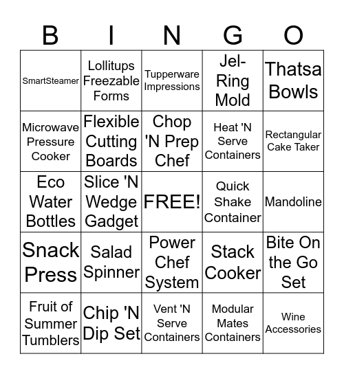 Tupperware Bingo Card
