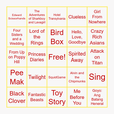 Movies/Series Bingo Card