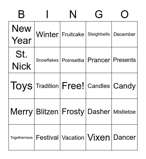 Holiday Vocab Bingo Card