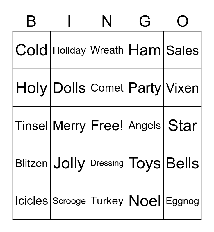 Holiday Vocab Bingo Card