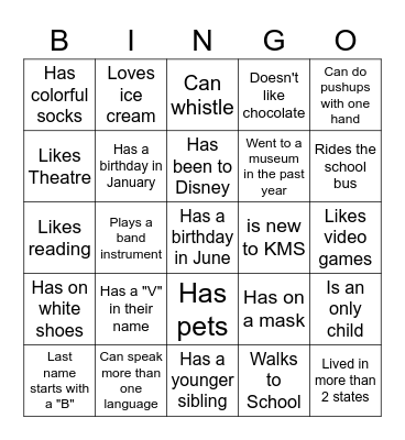 Middle School BINGO: Find someone who... Bingo Card