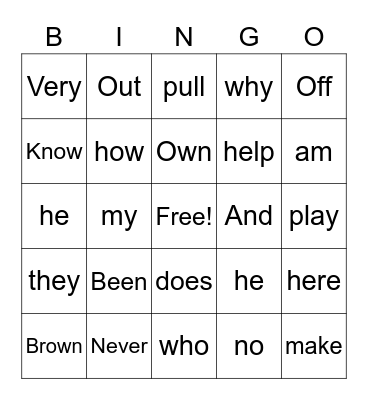 Sight Words Bingo Card