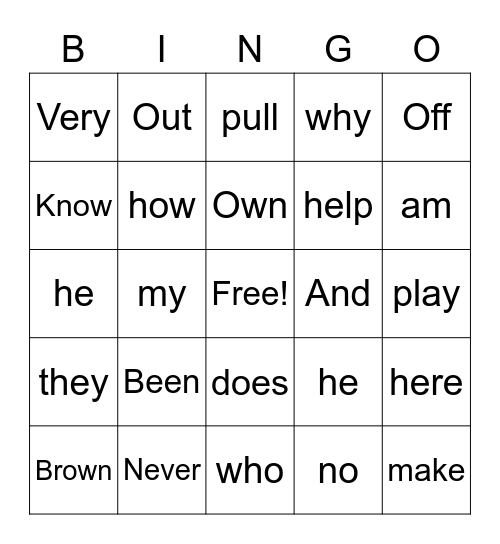 Sight Words Bingo Card
