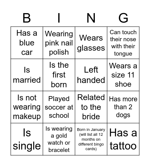 Wedding Guest Bingo Card