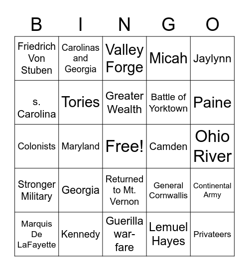 The American Revolution Bingo Card