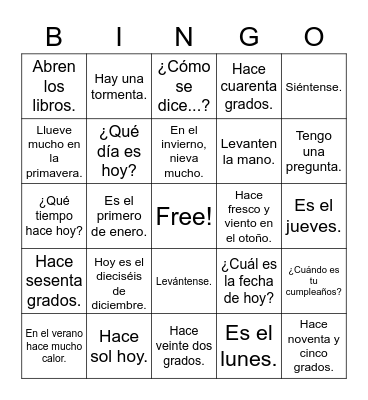 El tiempo, estaciones, días, fechas, expressiones Bingo Card