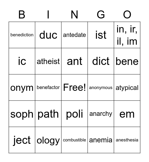 WOW 6 Vocabulary Bingo Card