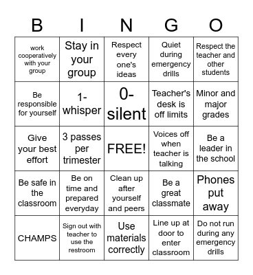 Class Rules and Expectations Bingo Card