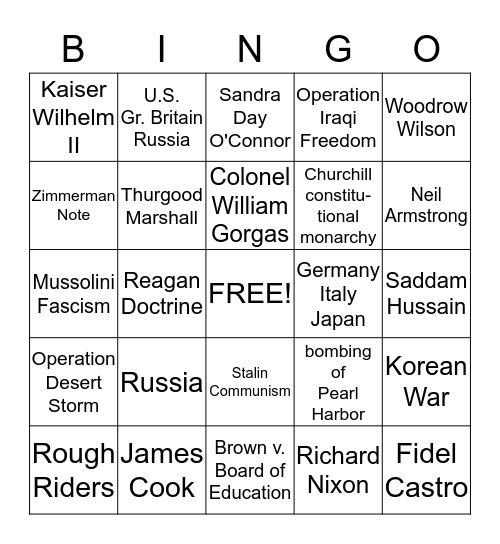 History Ch. 16-18 Bingo Card