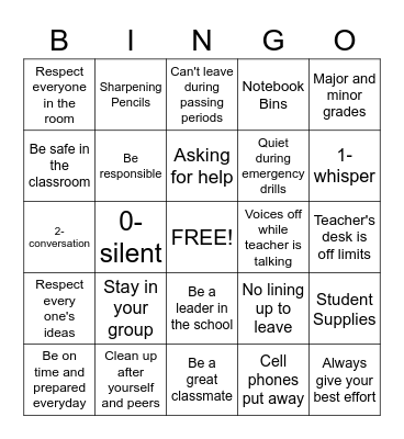 Class Rules and Expectations Bingo Card