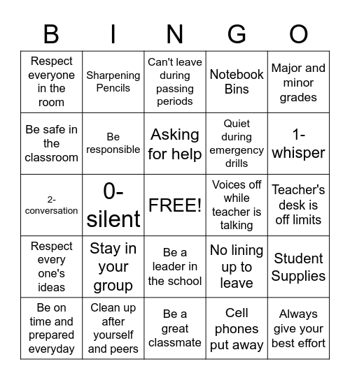 Class Rules and Expectations Bingo Card