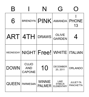 JULIET'S 10TH BIRTHDAY BINGO Card