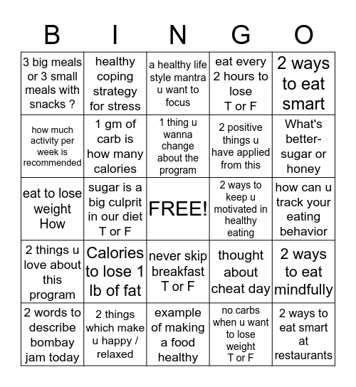 Healthy life style  Bingo Card