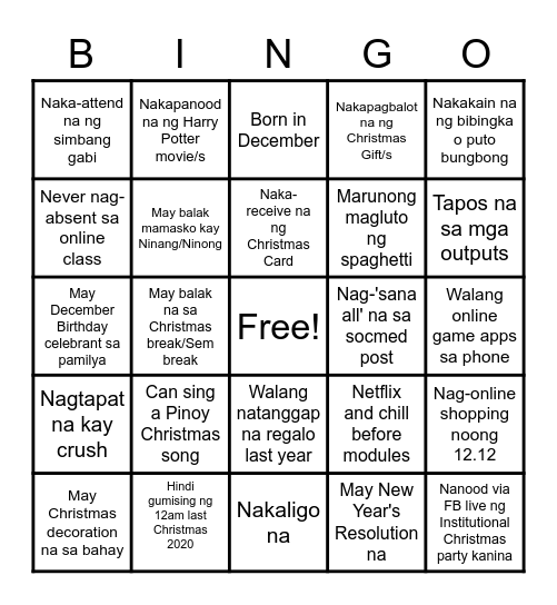 12-IOLITE CHRISTMAS BINGO Card