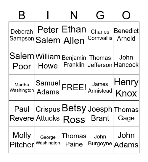 People in the Revolutionary War Bingo Card