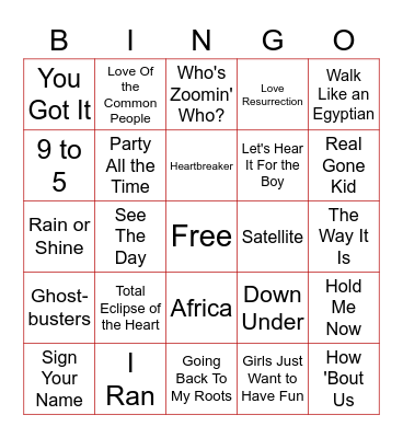 80's ROCK HITS Bingo Card