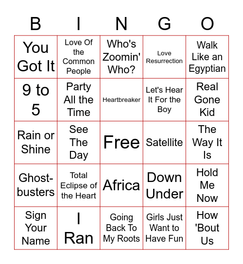 80's ROCK HITS Bingo Card