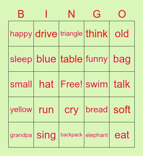 Parts of Speech Bingo Card
