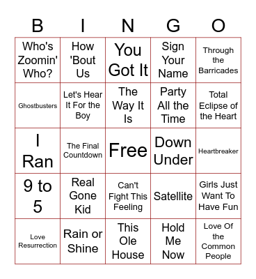 80's ROCK HITS Bingo Card