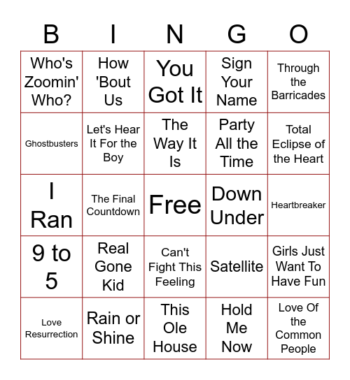 80's ROCK HITS Bingo Card