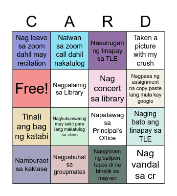 Never Have I Ever Bingo Card