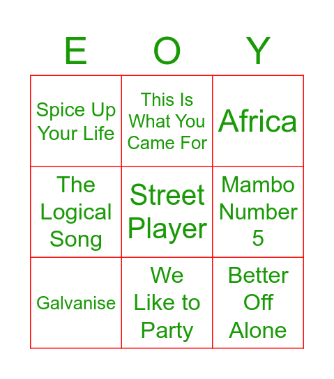 End of Year Musical Bingo Card