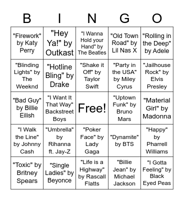 Pop Music Bingo Card
