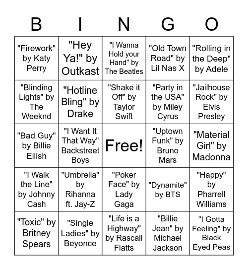 Pop Music Bingo Card