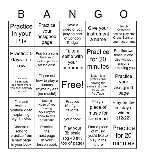 Beginning Band Bingo Card