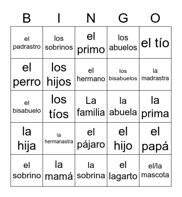 La familia Unidad 3.2 Bingo Card
